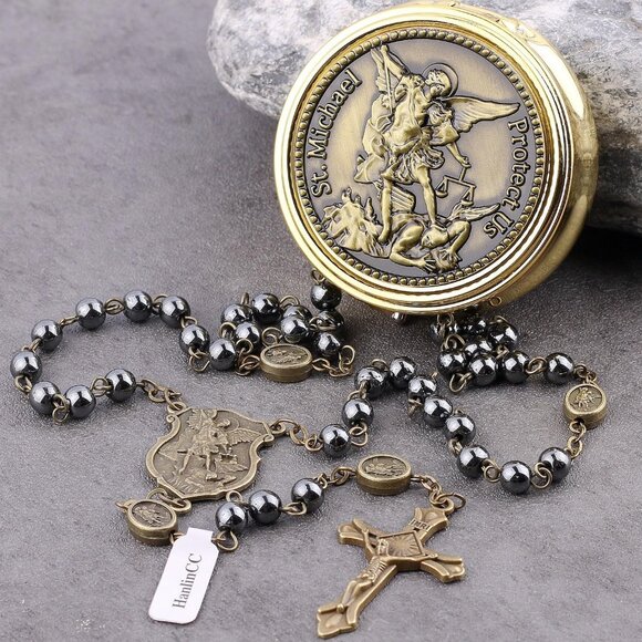 Saint Michael Hematite Black Beads Catholic Rosary Necklace with Gold Plated Met - Picture 4 of 9
